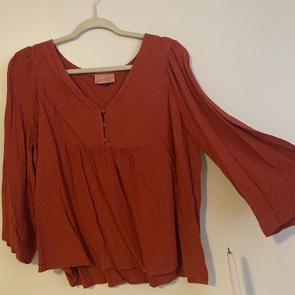Flowy Burnt Orange Blouse with Bell Sleeves
